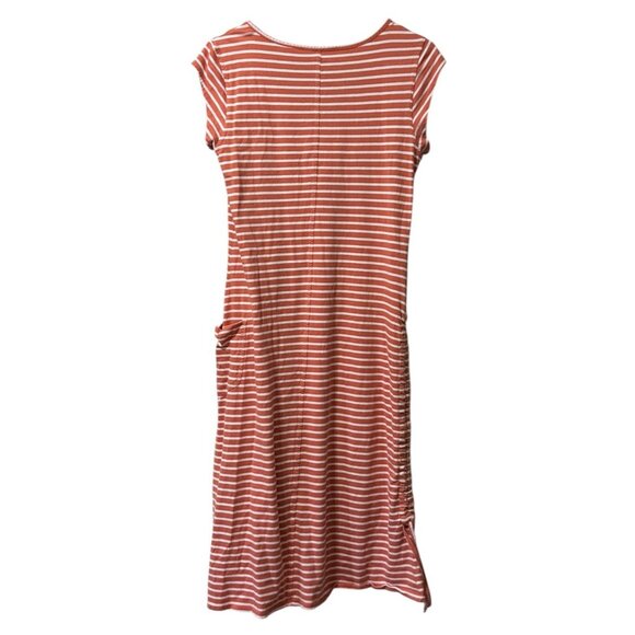 Toad &Co Muse Midi Dress Women’s M Orange Stripe Adjustable Drawcord Pocket - Picture 2 of 11
